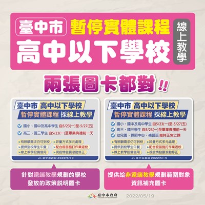 中市高中以下學校5/23-5/27實施遠距教學  幼兒園、課照中心、補習班正常上課