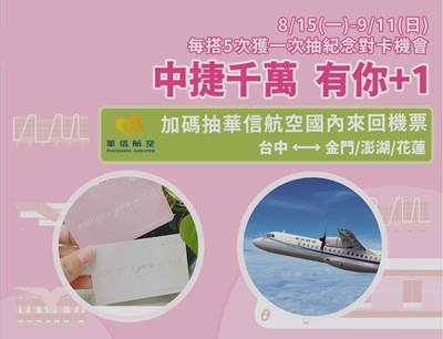 「中捷千萬，有你+1」活動除了抽限量紀念對卡，再加碼送華信航空國內來回機票